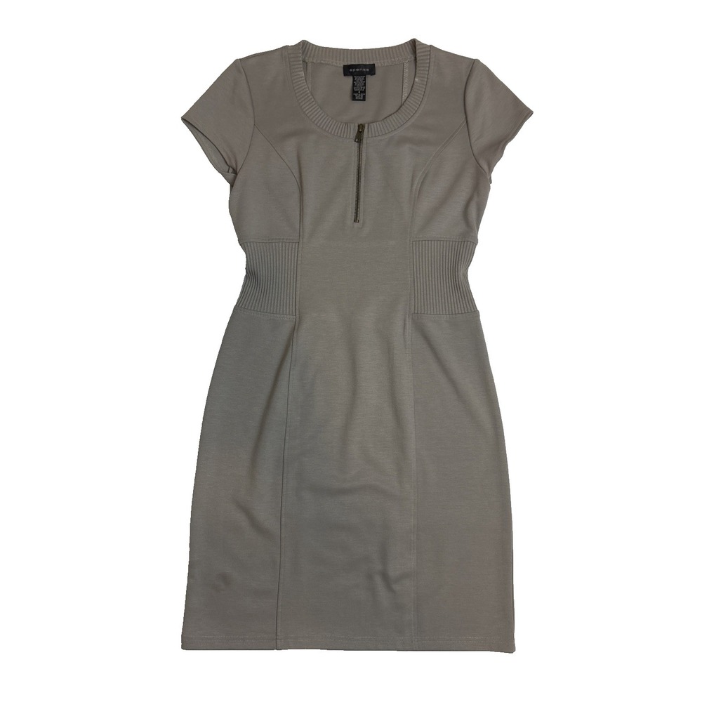 Spense Short Sleeve Knit Dress Womens Sz 4 Beige 1/4 Zip Ribbed Waist